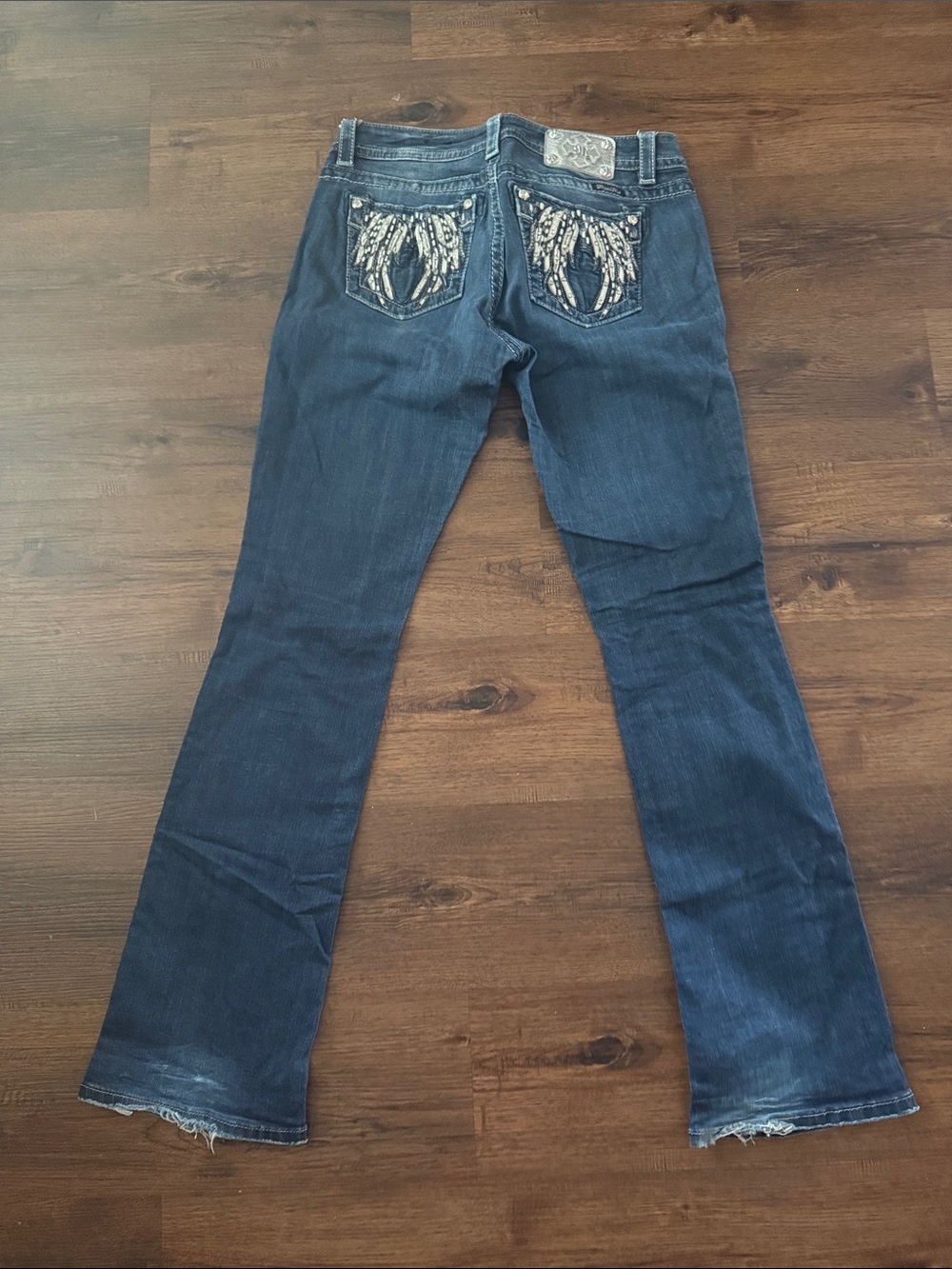 Miss Me Dark Blue Embroidered Pocket Flare Jeans